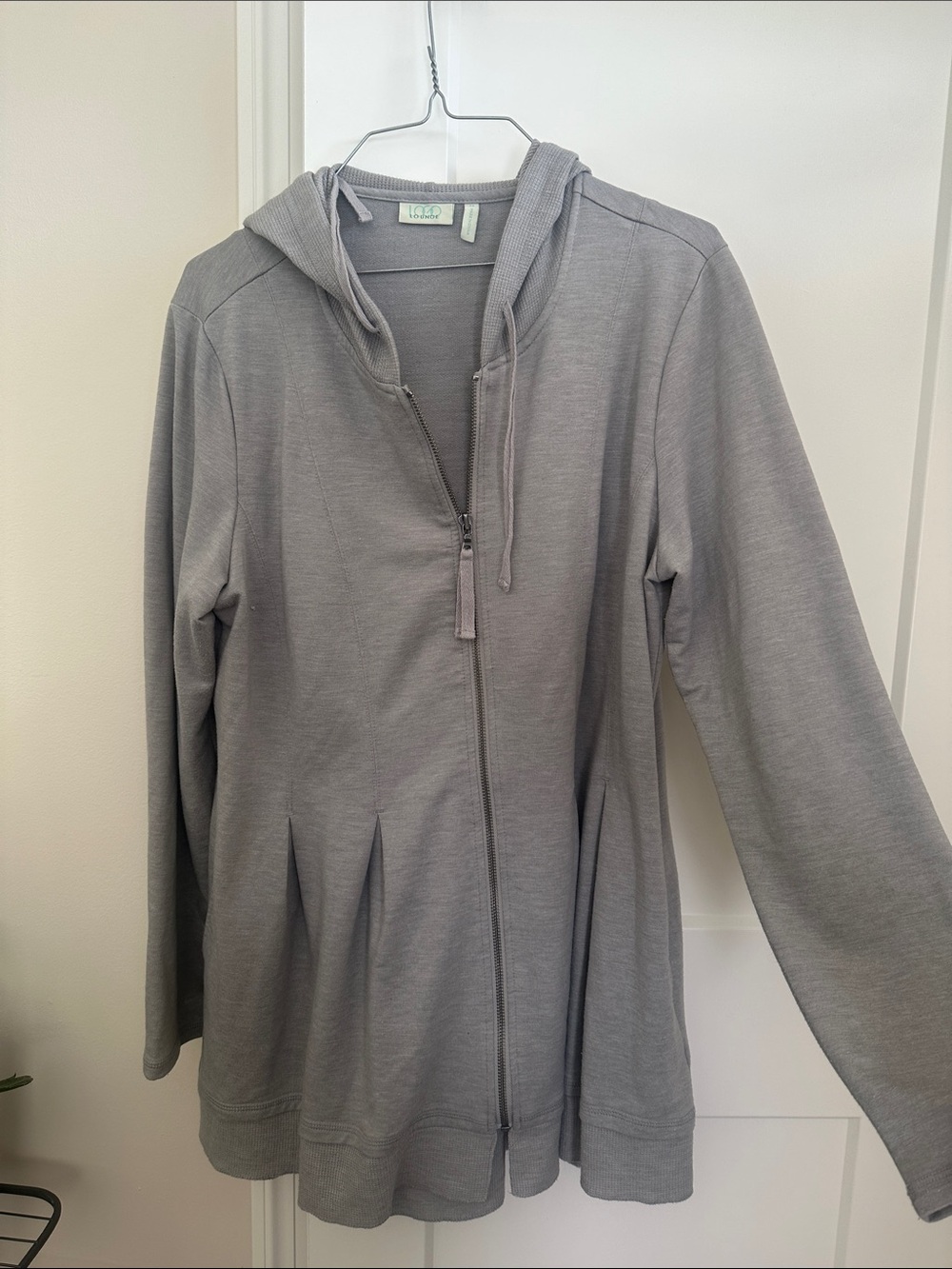 Gray Hooded Zip-Up Sweatshirt with Pleat Detail